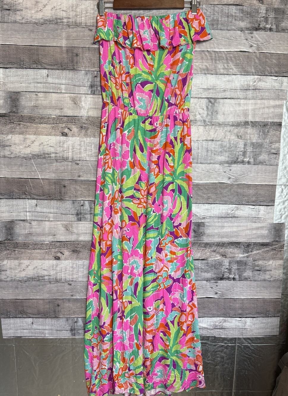 Lilly Pulitzer Amy Strapless Maxi Dress Elastic Ruffle Top Pink Floral S